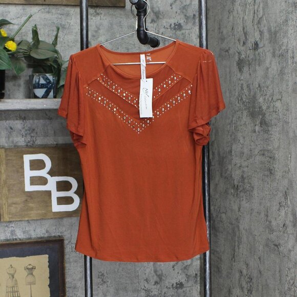 NWT Ny Collection Studded Short Flutter Sleeve Top PITU0042 PL Bossanova Orange - Picture 2 of 5